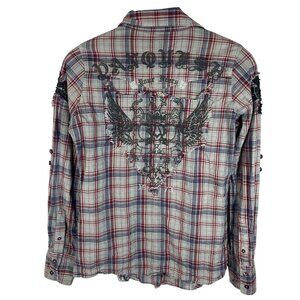 Roar Vanquish Your Fears Plaid Biker Shirt Women M Studded Cross Moto Rocker